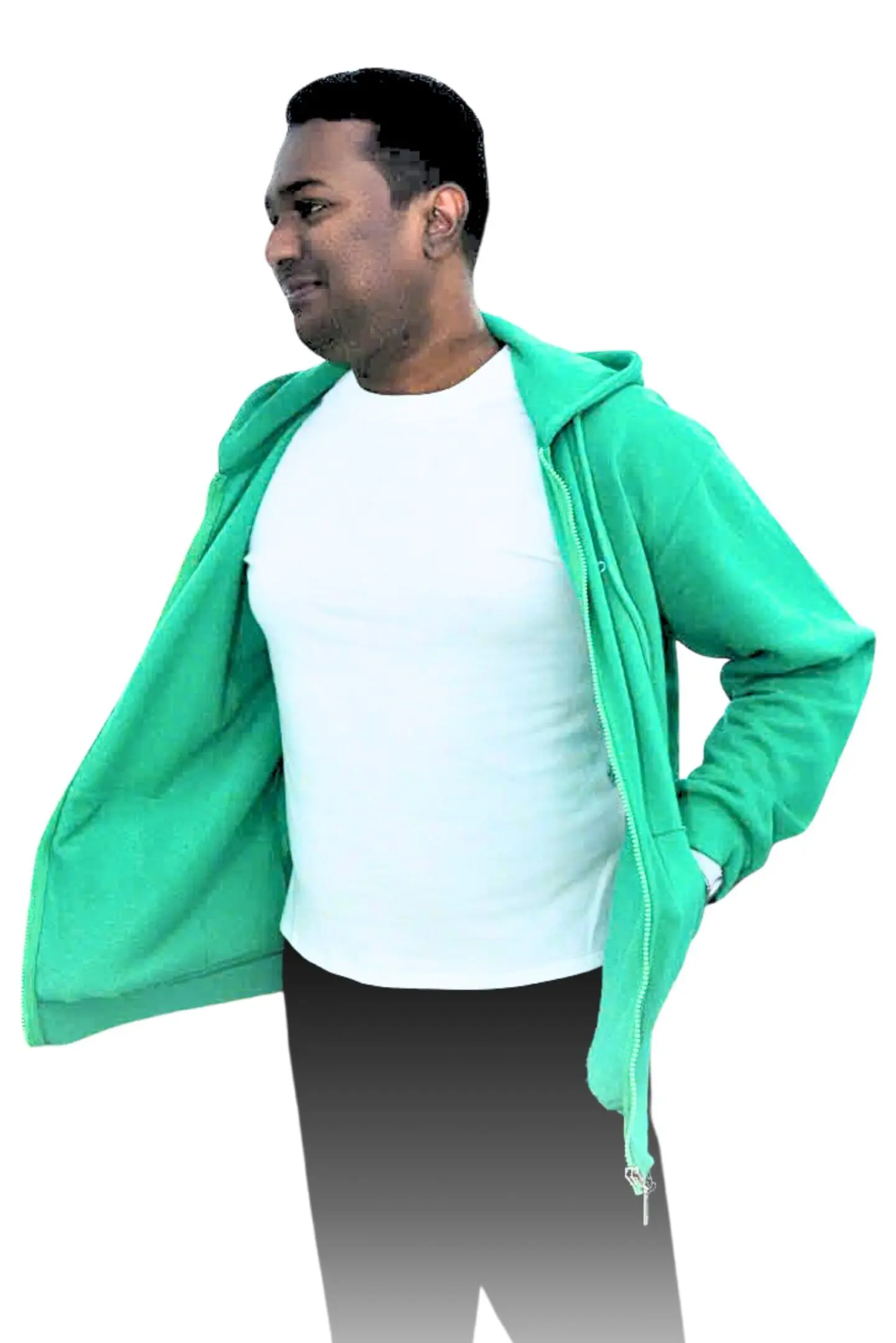 Man wearing a green hoodie over a white t-shirt, looking sideways.